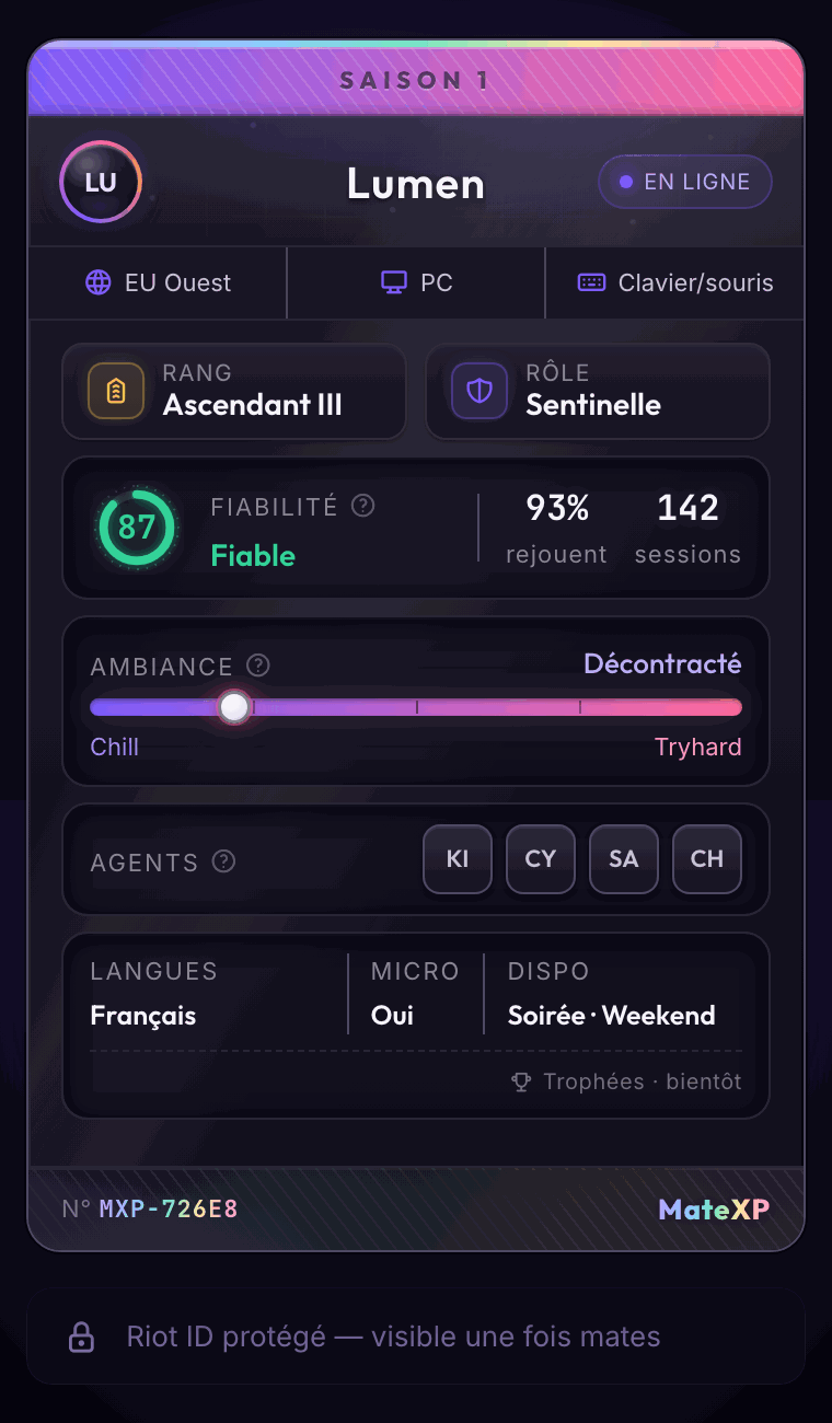 Carte de joueur : rang, role, fiabilite, ambiance, agents