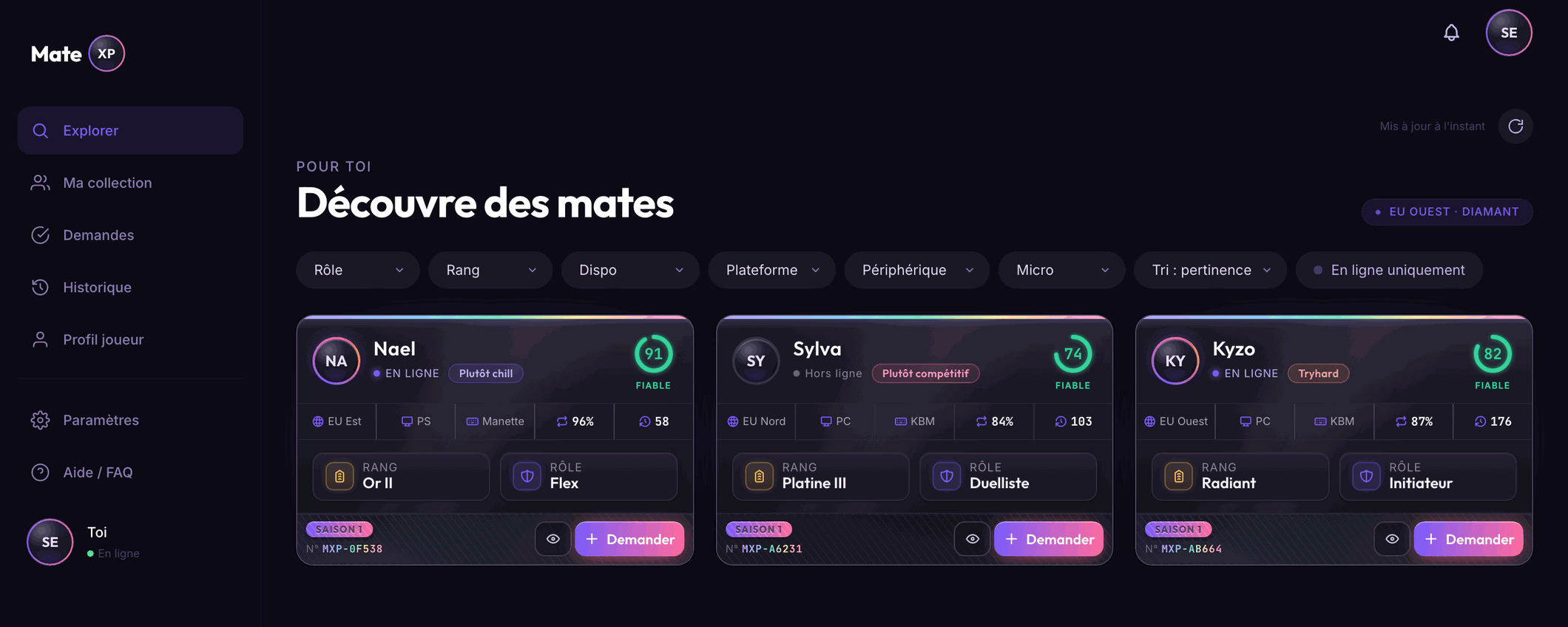 Le tableau de bord MateXP en entier : sidebar, feed de joueurs notés, filtres